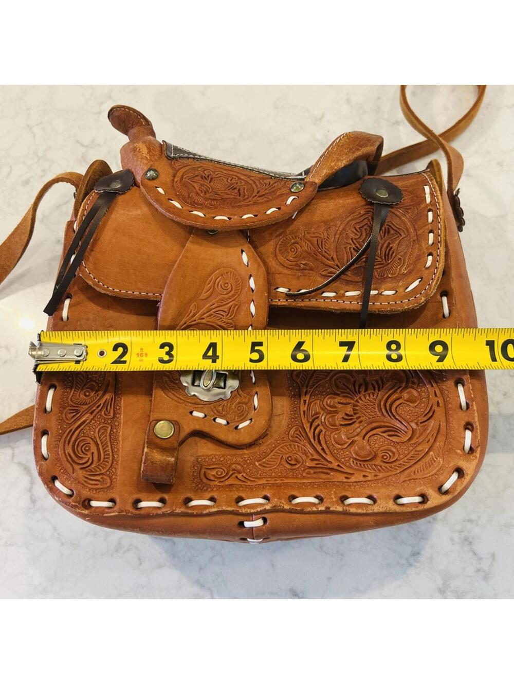 Vintage Tan Western Hand Tooled Leather Horse Saddle Bag Purse Mexico Brown - Picture 5 of 8